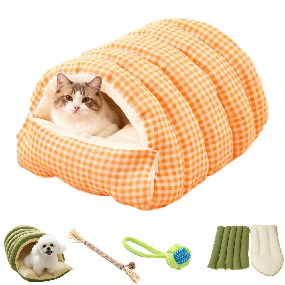 Removable Washable Winter Enclosed Cat Bed, Soft Warm Plush Cave House, Non-Slip Pet Sleeping Bag for Indoor Cats and Small Dogs, Orange, L