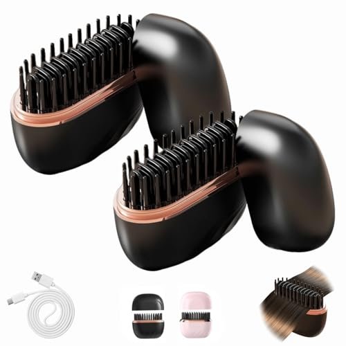 Mini Cordless Hair Straightener, Rechargeable Portable Straightening Brush, 3 Temperature Settings, 10-Second Fast Heating, for Hair and Beard (Black, 2-Piece)
