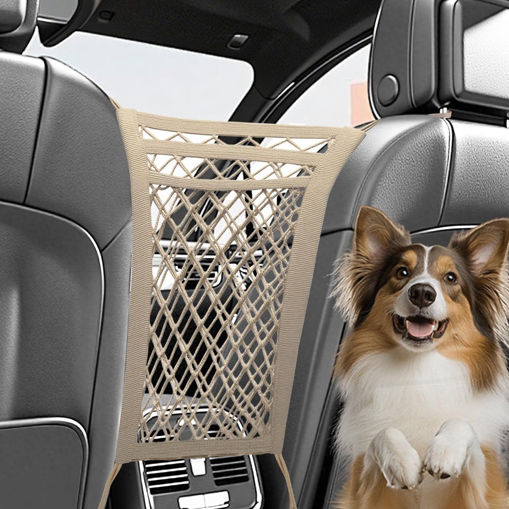 Dog Car Net, 3-Layer Car Net Bag, Backseat Dog Barrier, Adjustable Storage Net for Pets/Kids (Beige)