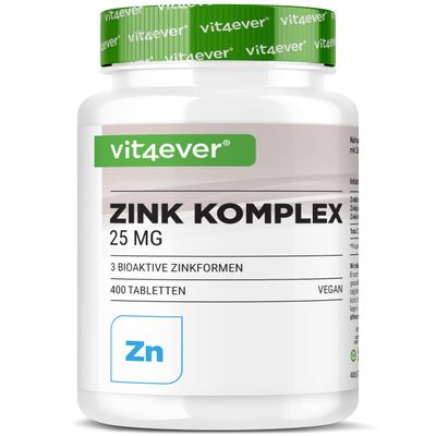vit4ever Zinc Complex 25 mg High-Dose - 400 Tablets - 3 Forms of Zinc