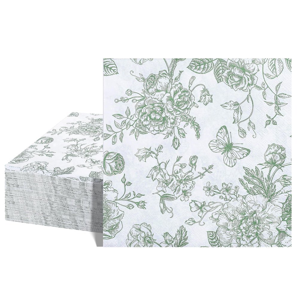 40 Green Floral Cocktail Napkins, 16.5 cm Party Paper Napkins