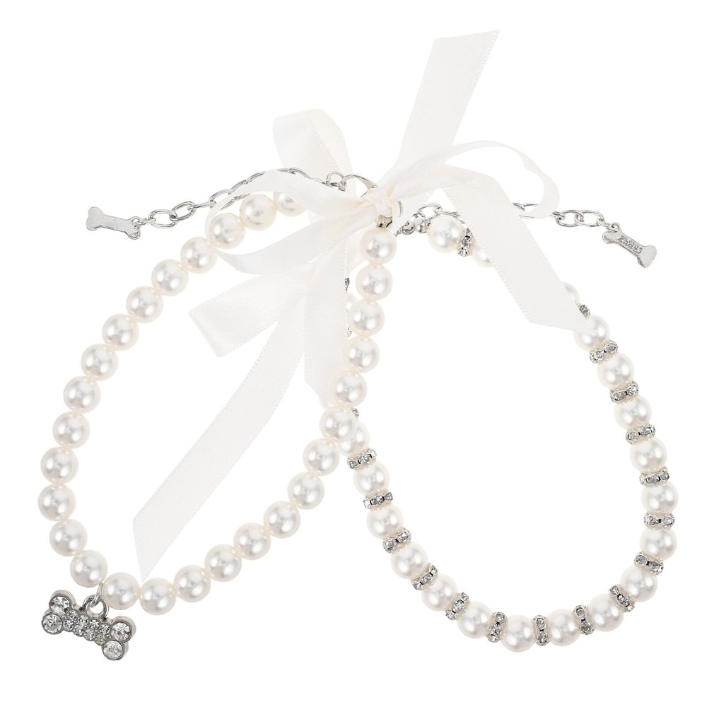 DOITOOL 2-Pack Adjustable Pearl Collars with Bows for Small Dogs and Cats
