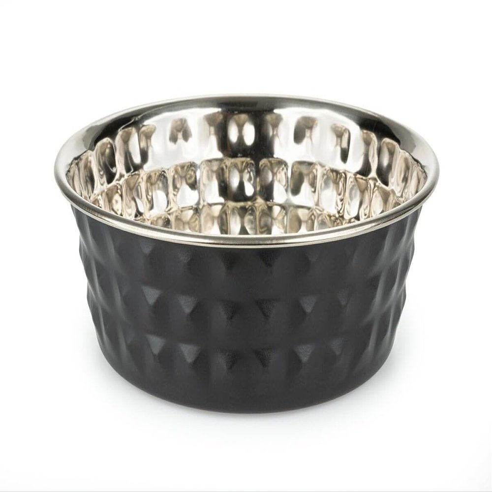 HAPPET Diamond Stainless Steel Bowl 0.9 L, 17 cm - Non-Slip Bowl for Dogs and Cats, Black-Silver
