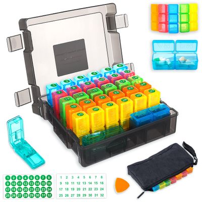31-Day AM/PM Pill Organizer, 2 Daily Doses, Large Weekly Box with Pill Splitter, Travel Medicine Case for Pills, Fish Oil & Vitamins