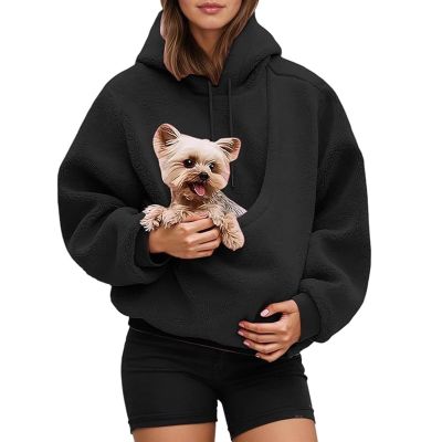 Pet Hoodie for Dog Carrier, Teddy Fleece Kangaroo-Pocket Pullover, Black, XXL