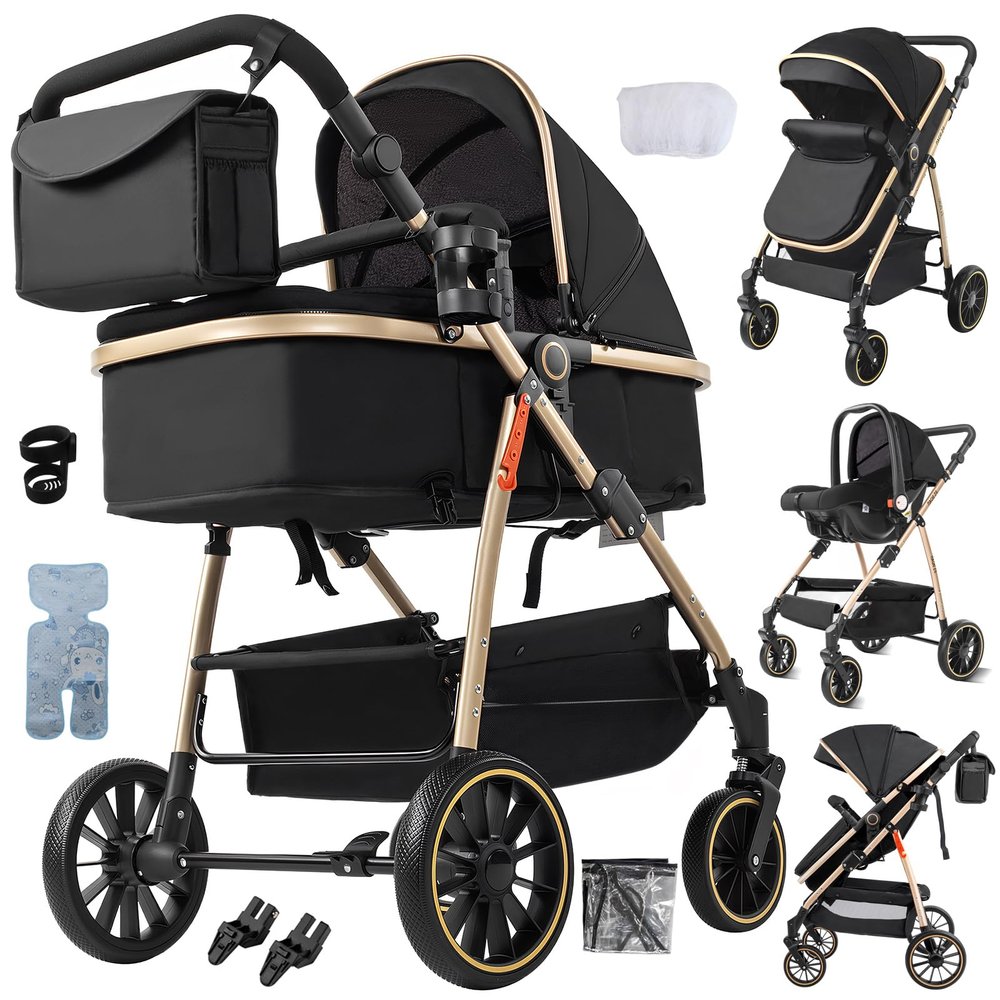 MoLi 3-in-1 Stroller, Reversible Push, Large Bassinet, Foldable Aluminum Frame, High-View Design (V8 Black Gold)