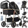 MoLi 3-in-1 Stroller, Reversible Push, Large Bassinet, Foldable Aluminum Frame, High-View Design (V8 Black Gold) view 1