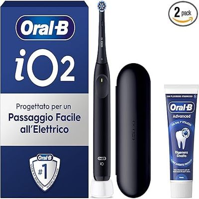 Oral-B iO 2 Black Electric Toothbrush with Replacement Head, Charger, Travel Case and Advanced Toothpaste