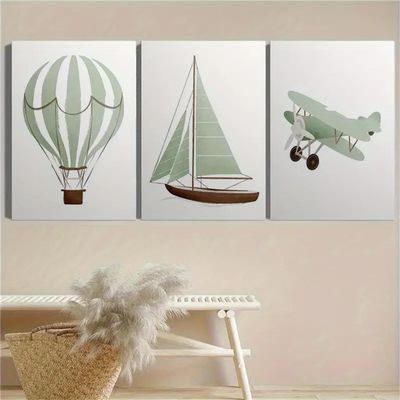 Ueiwffzo Baby Room Decor, Set of 3 Posters with Hot Air Balloon, Airplane and Sailboat, Boho Canvas Wall Art, Unframed