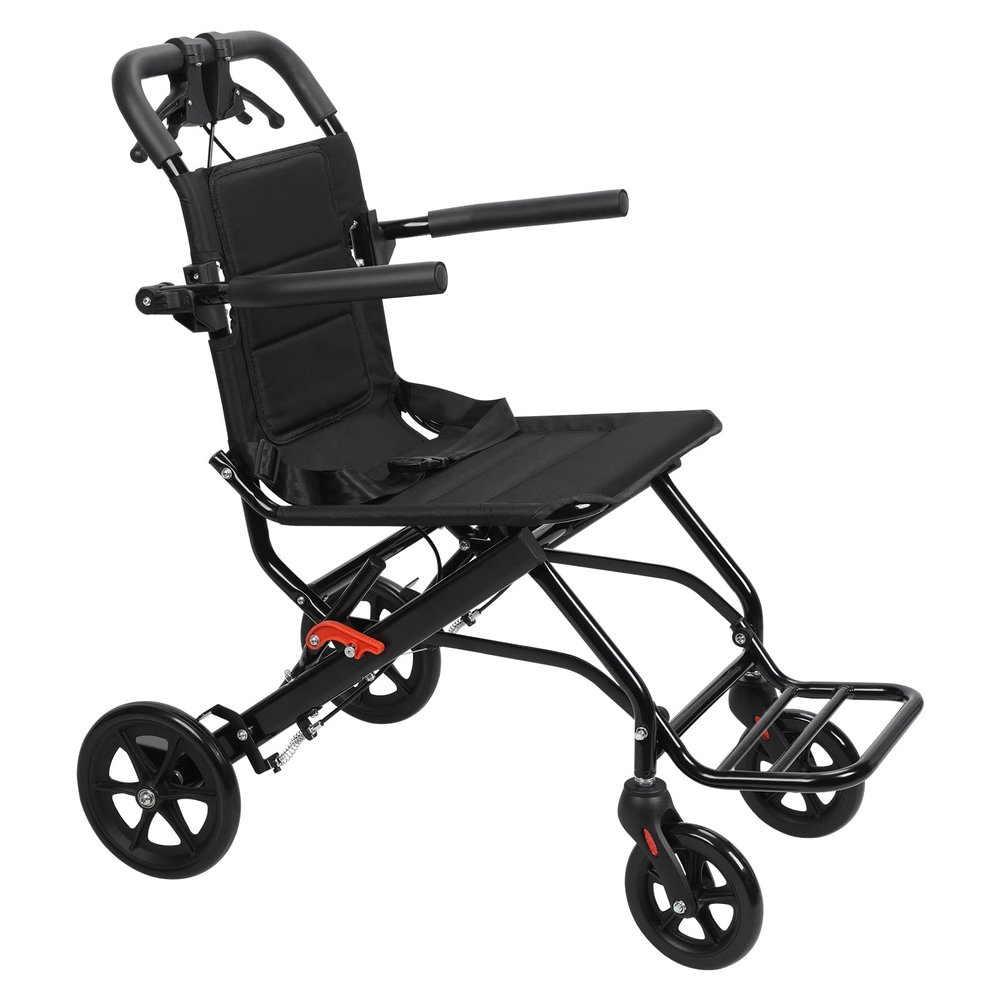 Lightweight Folding Wheelchair for Adults, 45 cm Wide Transport Wheelchair with Hand Brakes & Adjustable Straps, Portable Wheelchair for Seniors and Travel, Easy Storage, Black, M