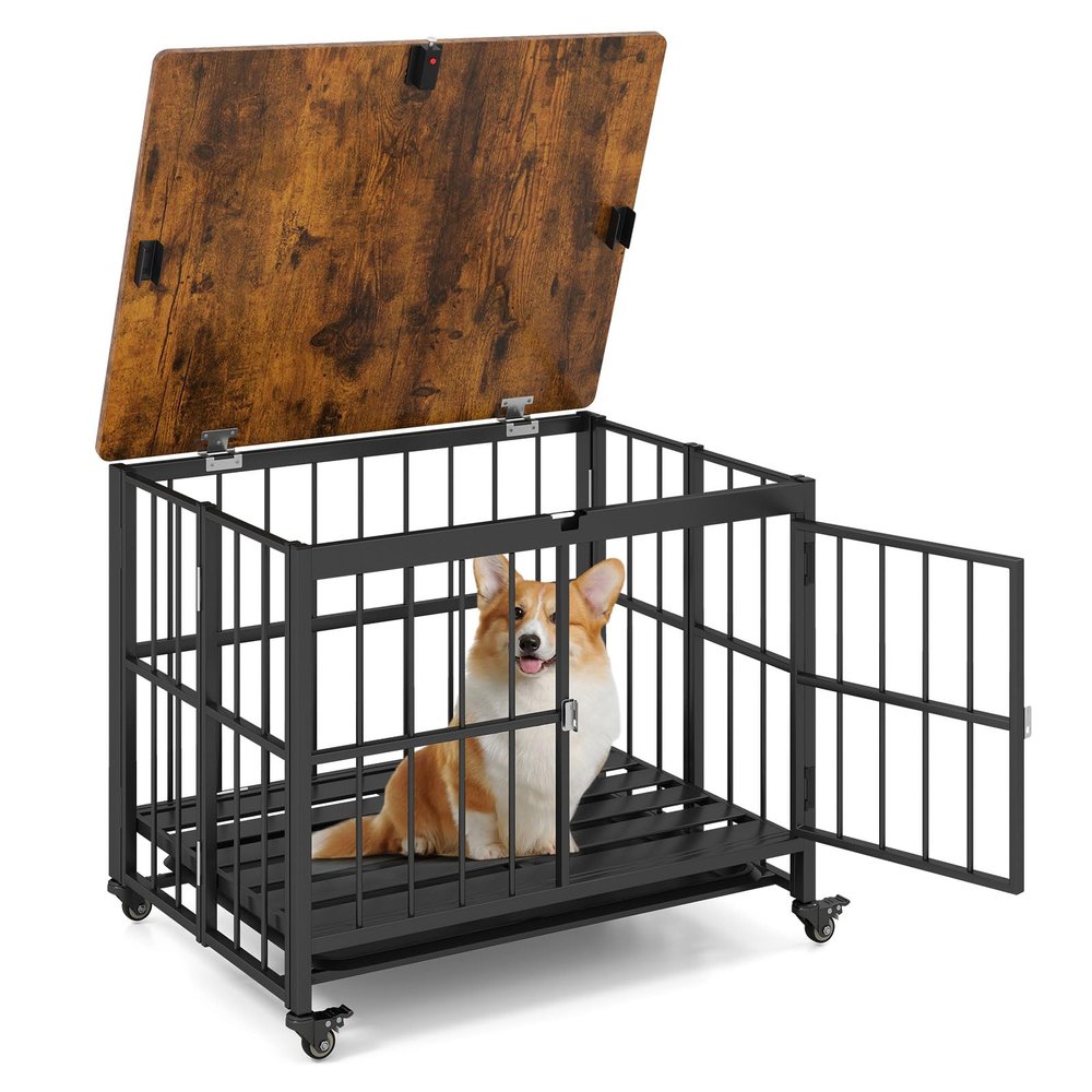 GYMAX 2-in-1 Dog Crate Cabinet, Foldable Dog Crate with Top Feeding Door and Removable Tray, Wooden Side Table, Modern Dog House with 2 Lockable Entrances and Wheels (80 x 61 x 64 cm)