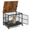 GYMAX 2-in-1 Dog Crate Cabinet, Foldable Dog Crate with Top Feeding Door and Removable Tray, Wooden Side Table, Modern Dog House with 2 Lockable Entrances and Wheels (80 x 61 x 64 cm) view 1