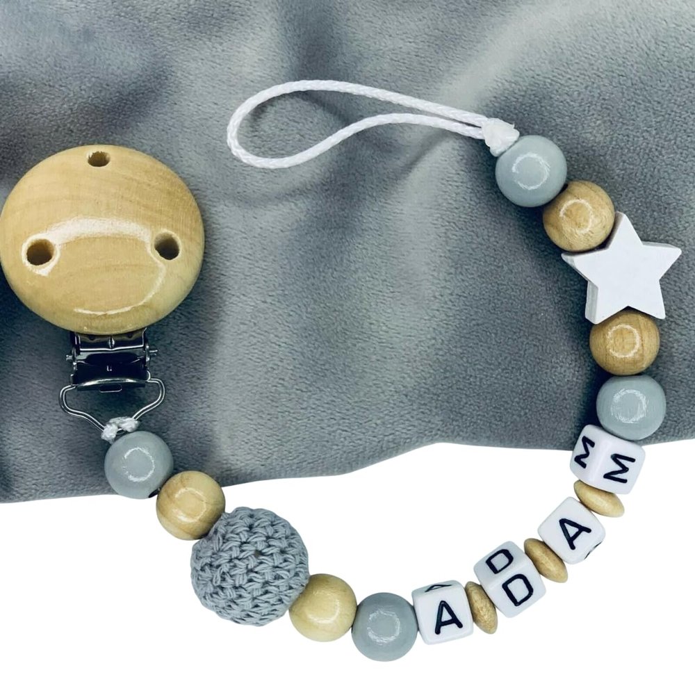 Personalized Pacifier Clip with Name, Crochet Bead and Wooden Star, Gray