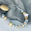 Personalized Pacifier Clip with Name, Crochet Bead and Wooden Star, Gray view 3