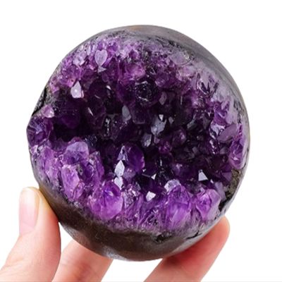 Amethyst Druzy Geode Crystal Ball, Gemstone Quartz Sphere, 50–55 mm, with Wooden Base