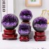 Amethyst Druzy Geode Crystal Ball, Gemstone Quartz Sphere, 50–55 mm, with Wooden Base view 2