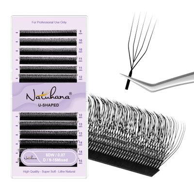 Natuhana 5D U-Shape Lash Extensions, 0.07 mm C/D Curl, Premade Volume Fans, Black, 9–15 mm