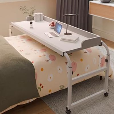 ZHFASDS Over-Bed Table on Wheels, Adjustable Rolling Laptop Desk, White