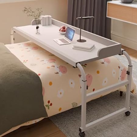 ZHFASDS Over-Bed Table on Wheels, Adjustable Rolling Laptop Desk, White