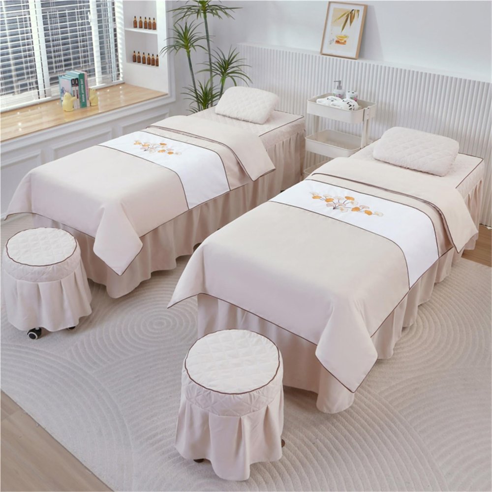 4-Piece Massage Table Set for Beauty Salons, Thick Spa Bedding with Coverlet, Massage Table Cover, Pillowcase and Bed Cover (Beige 2, 190 × 70 cm)