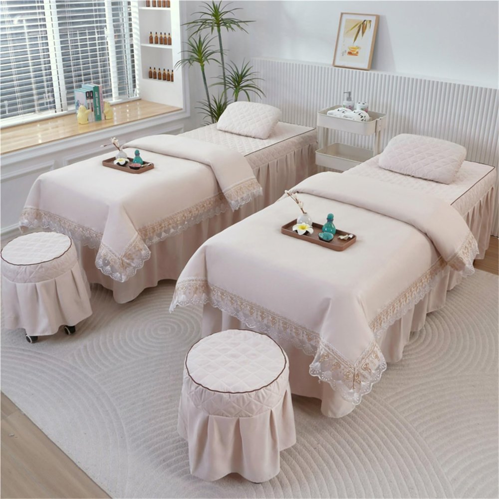 4-Piece Massage Table Set for Beauty Salons, Thick Spa Bedding with Coverlet, Massage Table Cover, Pillowcase and Bed Cover for Professional Salon Use (Beige 5, 190 x 70 cm)