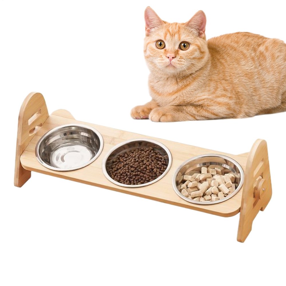 Elevated Stand for Cat Food Bowls, Angled Feeder with 3 Compartments