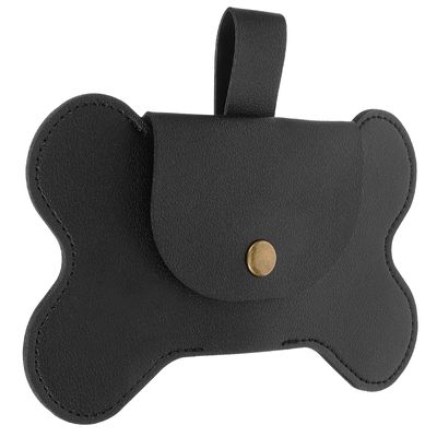 Black Leather Dog Waste Bag Holder and Dispenser with Leash Attachment