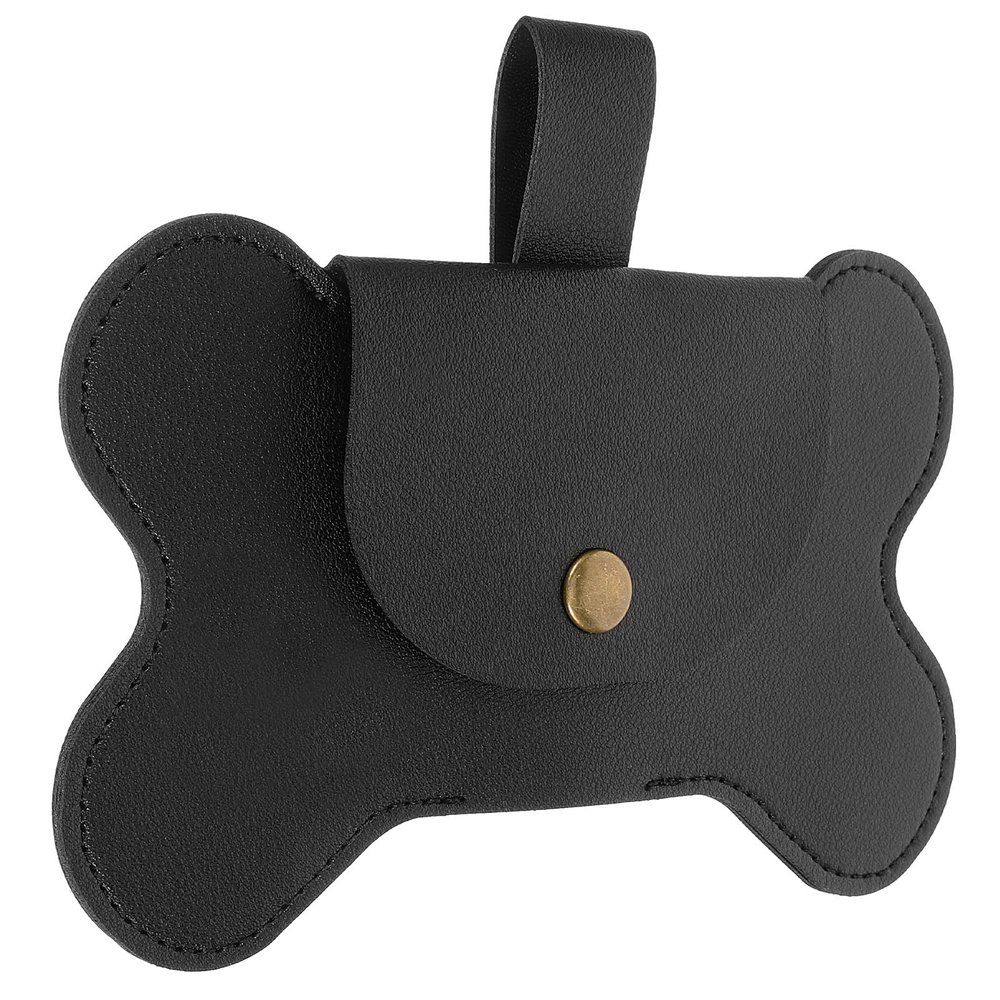 Black Leather Dog Waste Bag Holder and Dispenser with Leash Attachment