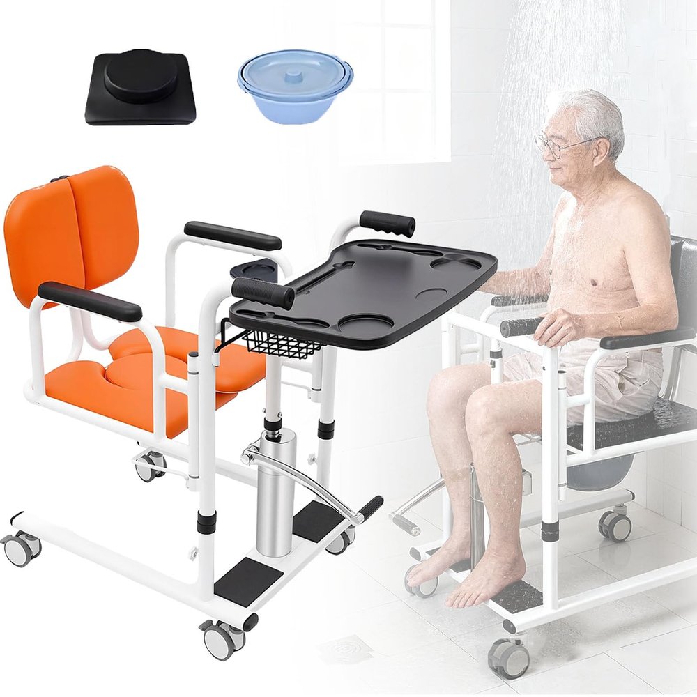 Height-Adjustable Patient Lift Transfer Chair with Commode Pan and Seat Cushion