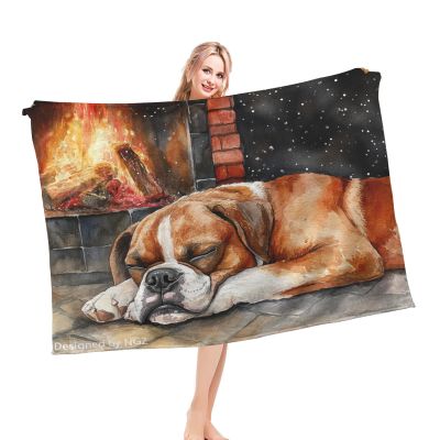 Boxer Dog Cozy Blanket, Winter Fireplace Design, Lightweight Plush Throw for Sofa, Couch & Outdoors, L