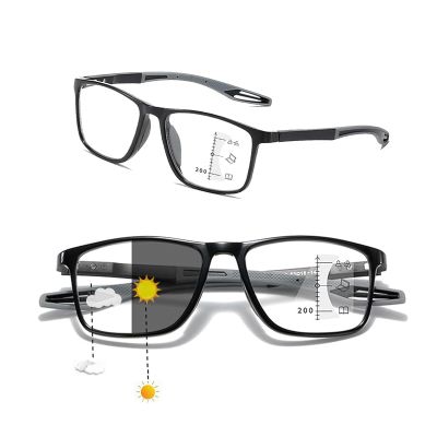 Self-Tinting Progressive Reading Glasses, Banogalle Automatic Multifocal Blue-Light-Filtering TR90 Glasses (Black/Gray, 2.0x)
