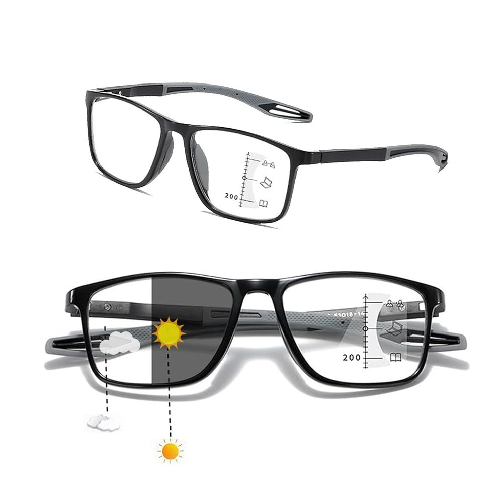 Self-Tinting Progressive Reading Glasses, Banogalle Automatic Multifocal Blue-Light-Filtering TR90 Glasses (Black/Gray, 2.0x)