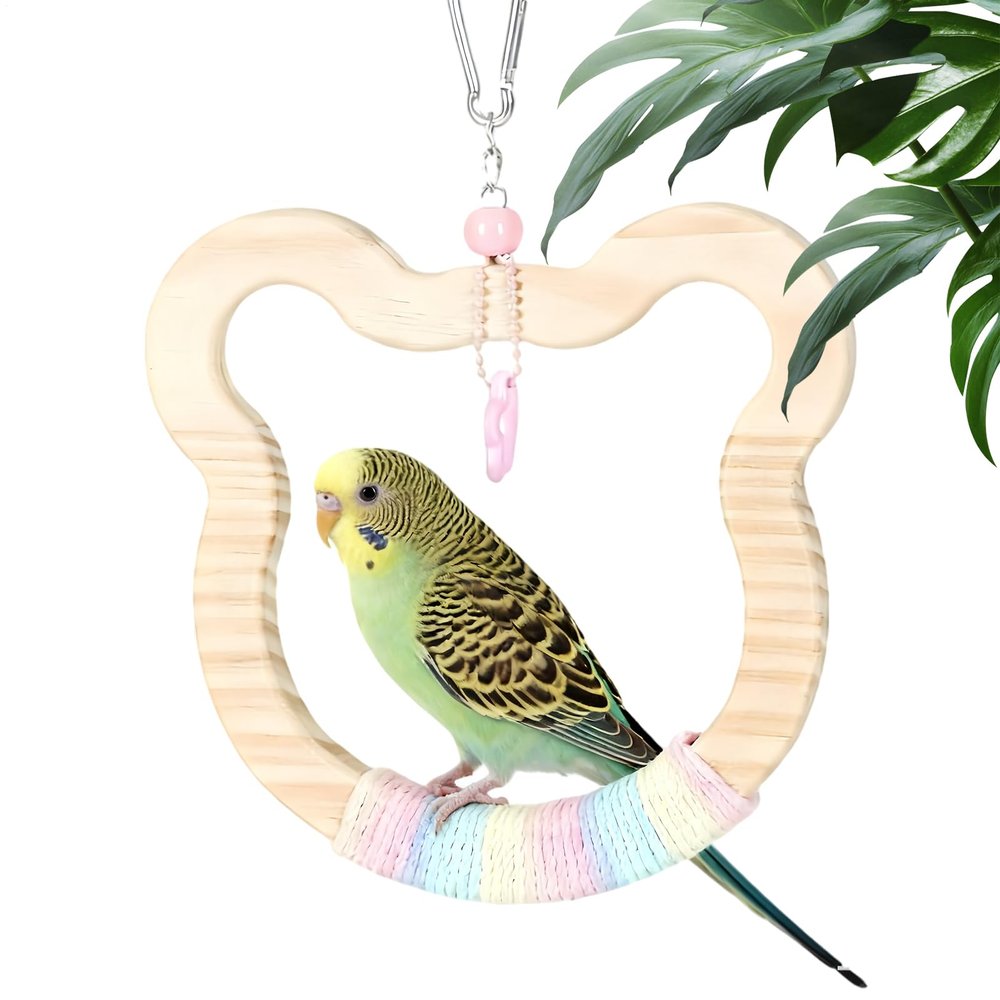 Wooden Bear-Shaped Swing Toy for Budgies and Lovebirds