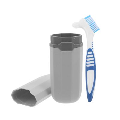 Portable Denture Brush and Cleaning Box for Dentures and Retainers, Blue PP