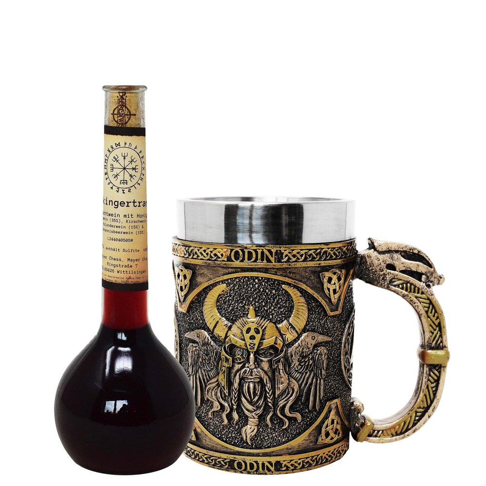 MystiCalls Viking Gift Set with XL Odin Mug and Elixir Bottle of Viking Potion Multi-Fruit Wine