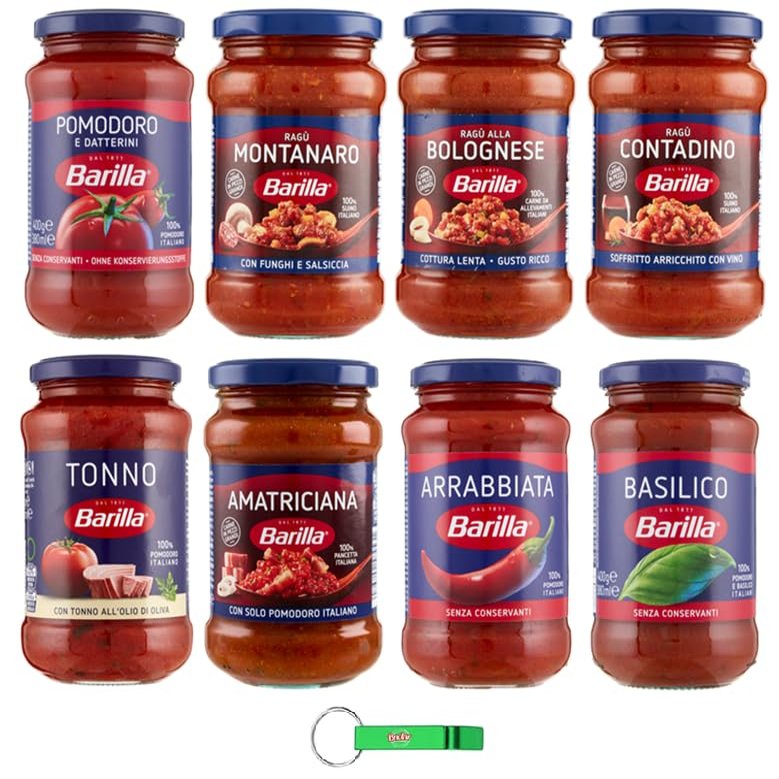 Barilla Pasta Sauce Sampler: 8 Italian Ragù & Tomato Sauces (4 x 400 g + 4 x 300 g) with Free Beni Culinari Keychain