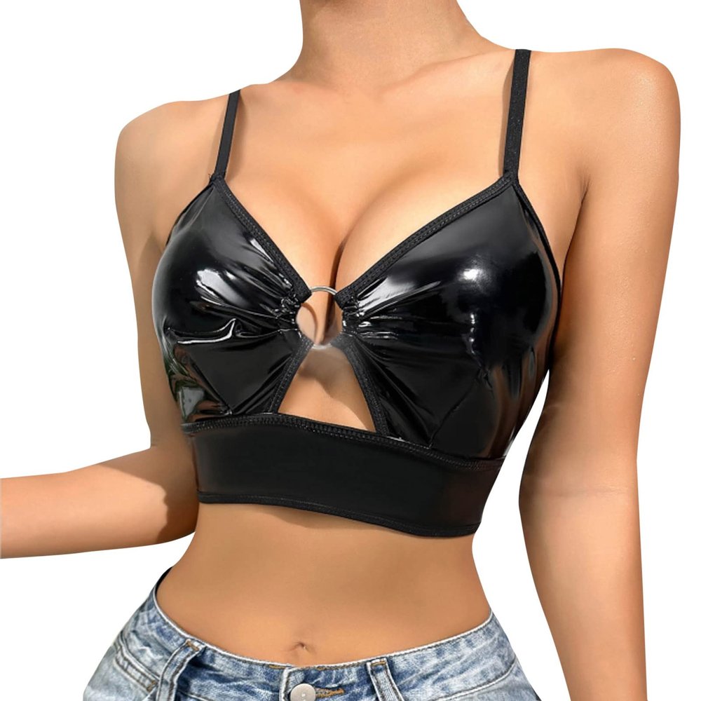 Generic Sexy Women's PU Lingerie Buckle Strap Plunging Neckline Underwire Push-Up Bralette (Black, M)