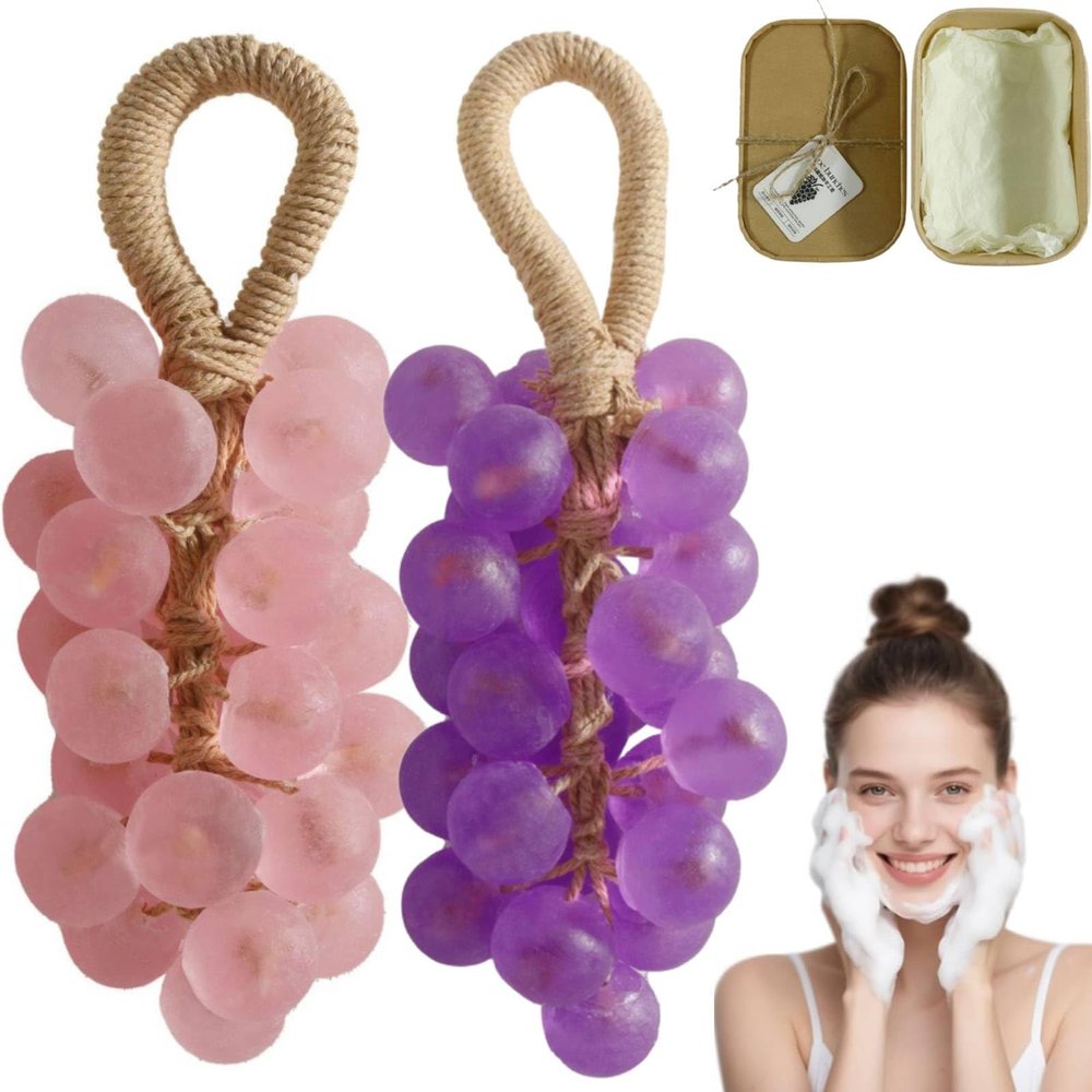 Grape Soap, Grape Knot Soap, Natural Grape-Scented Handmade Soap for Firmer, Softer Skin, for Showers and Daily Facial Cleansing (2-Set B)