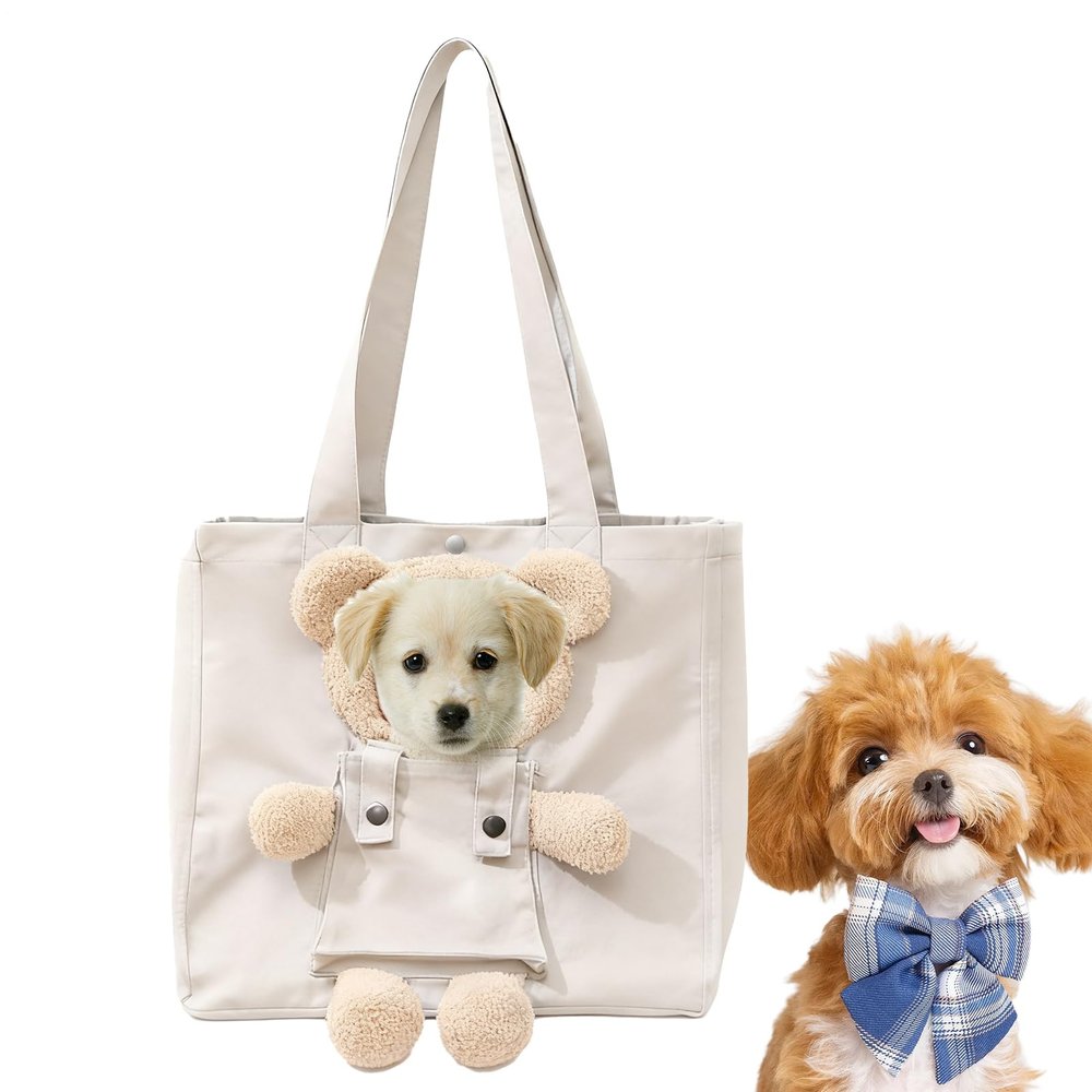 Canvas Shoulder Bag Dog Carrier with Bear-Shaped Ventilation