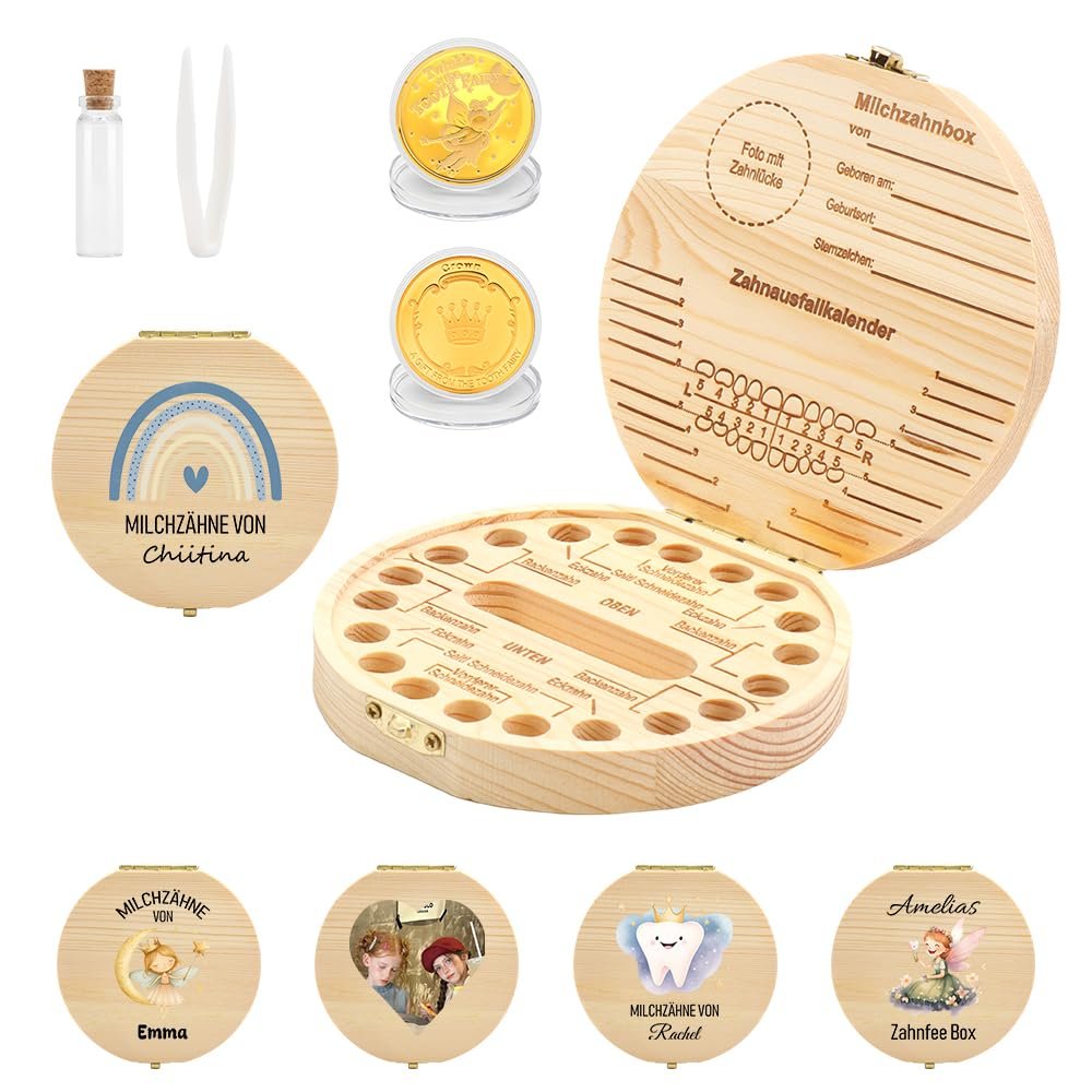 FIDWALL Personalized Baby Tooth Box with Name & Design, Set with Tooth Fairy Coin
