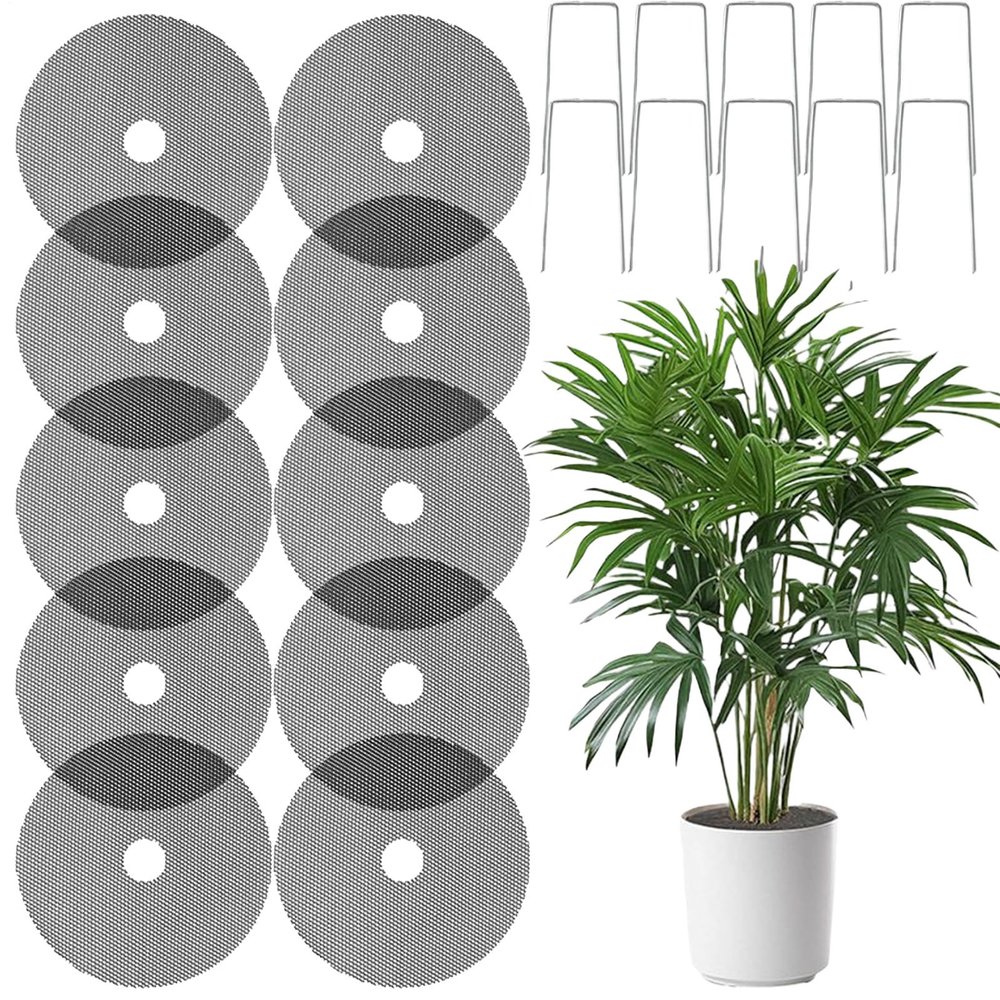Plant Pot Soil Covers, Cut-to-Fit Mesh, 10-Pack with Stakes