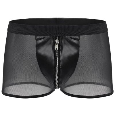 Men's Mesh Leather Boxer Shorts with Zipper