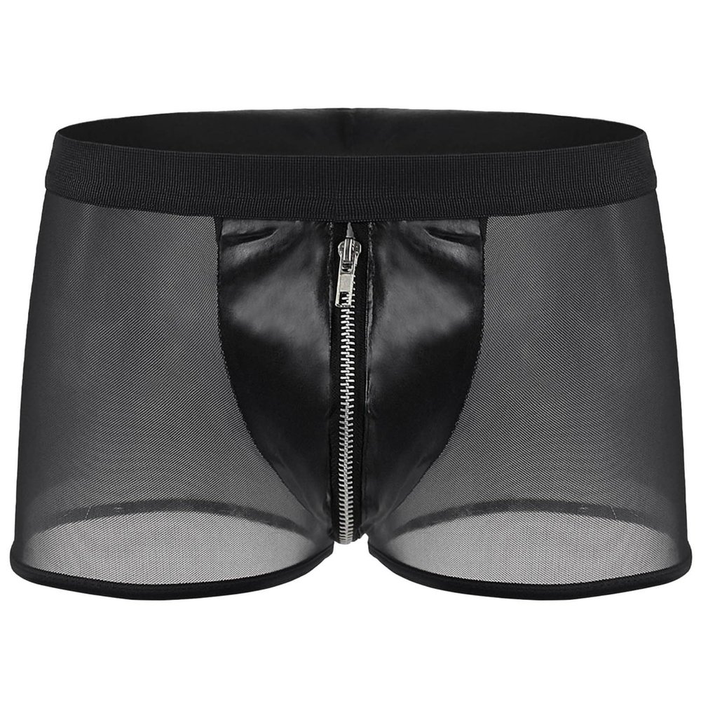 Men's Mesh Leather Boxer Shorts with Zipper