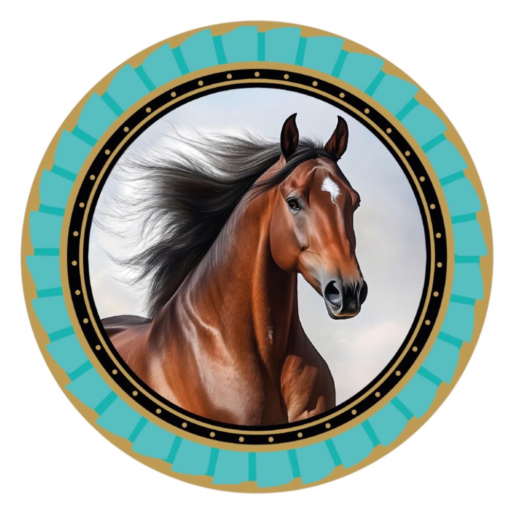 Brown Horse Sticker with Turquoise Rosette, Weatherproof, UV-Resistant, Laminated, up to 7 Years, 10.8 cm, Made in Germany