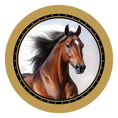 Premium Horse Sticker, Brown Horse with Gold Rosette, Round Car Sticker, 10.8 cm