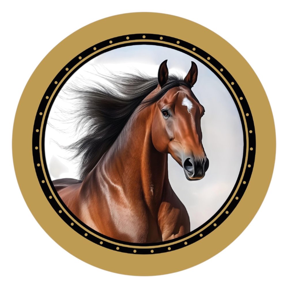 Premium Horse Sticker, Brown Horse with Gold Rosette, Round Car Sticker, 10.8 cm