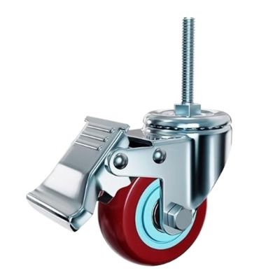 1-Piece 3-Inch Polyurethane Swivel Casters with Double Bearings, Threaded Stem, and Brake (M12 x 60 mm)