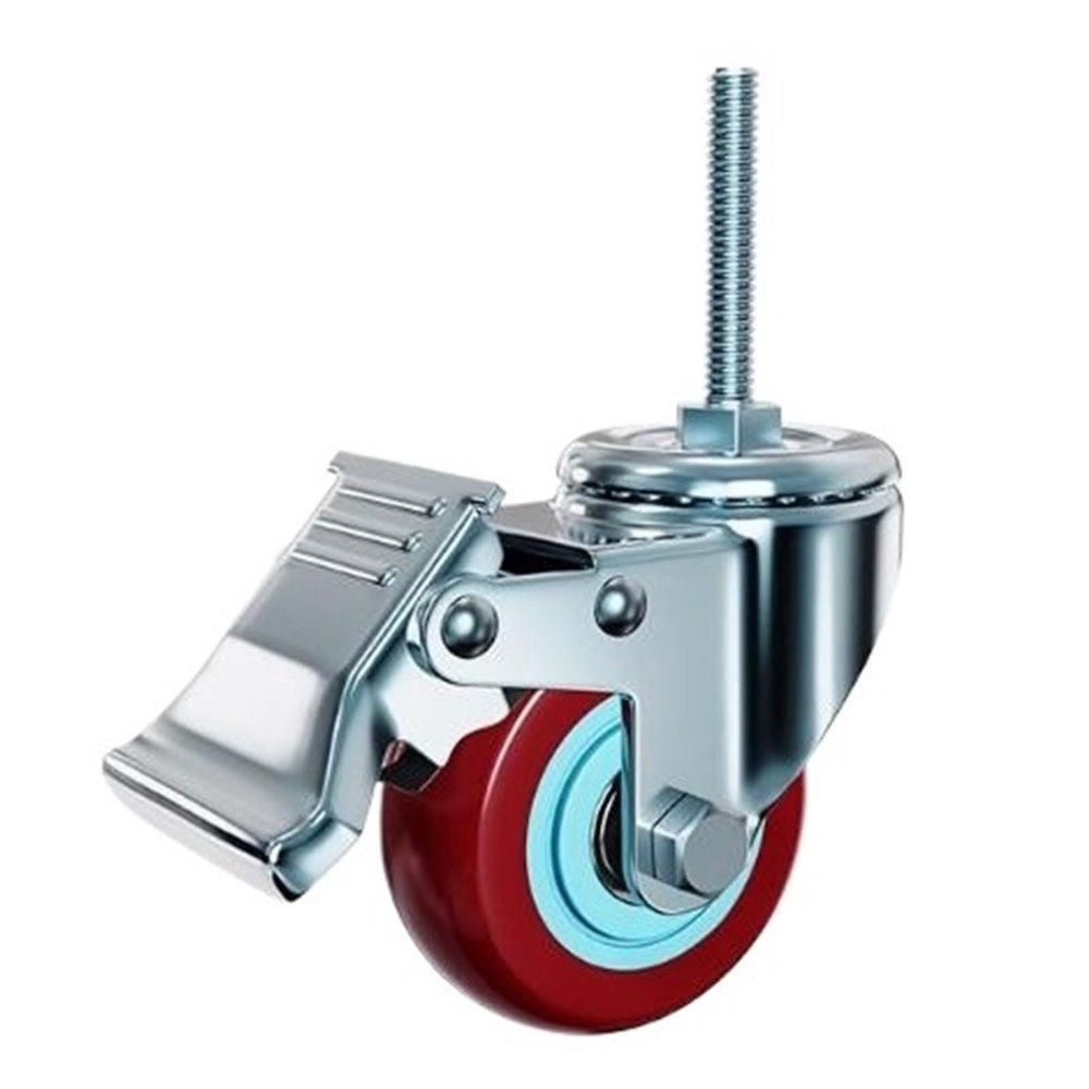 1-Piece 3-Inch Polyurethane Swivel Casters with Double Bearings, Threaded Stem, and Brake (M12 x 60 mm)