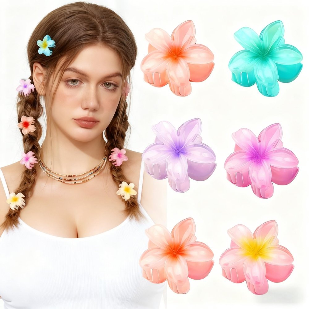 Vyloky Set of 6 Flower Hair Clips, Pastel Acrylic Hair Claws, 4 cm, Non-Slip, for Women, Pink, Turquoise, Purple (8)