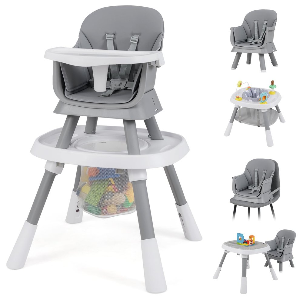 DREAMADE Multifunctional Baby High Chair, Height-Adjustable with Double-Sided Table, Adjustable Tray & Basket, Safety Harness, for Ages 6–36 Months (Gray)